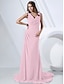 cheap Special Occasion Dresses-Sheath / Column Elegant Dress Formal Evening Sweep / Brush Train Sleeveless Cowl Neck Chiffon with Criss Cross Side Draping 2023