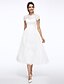 preiswerte Brudekjoler-Hall Open Back Little White Dresses Wedding Dresses Tea Length A-Line Short Sleeve Jewel Neck Lace With Appliques 2023 Bridal Gowns