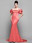 cheap Special Occasion Dresses-Mermaid / Trumpet Chinese Style Dress Formal Evening Court Train Short Sleeve Off Shoulder Satin with Pleats 2022