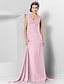 cheap Evening Dresses-Sheath / Column Elegant Engagement Formal Evening Dress V Neck Sleeveless Sweep / Brush Train Chiffon with Crystals Draping 2021