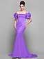 cheap Special Occasion Dresses-Mermaid / Trumpet Chinese Style Dress Formal Evening Court Train Short Sleeve Off Shoulder Satin with Pleats 2022