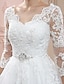 cheap Wedding Dresses-Ball Gown Wedding Dresses V Neck Court Train Lace Over Tulle 3/4 Length Sleeve Glamorous Plus Size Illusion Sleeve with Crystals Appliques 2022