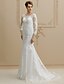 billige Brudekjoler-Wedding Dresses Mermaid / Trumpet Illusion Neck Long Sleeve Sweep / Brush Train Lace Over Tulle Bridal Gowns With Buttons Appliques 2024