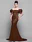 זול שמלות לאירועים מיוחדים-בתולת ים \ חצוצרה סגנון סיני שמלה ערב רישמי שובל קורט שרוולים קצרים סירה מתחת לכתפיים סאטן עם קפלים 2022