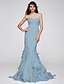 cheap Evening Dresses-Mermaid / Trumpet Elegant Dress Formal Evening Sweep / Brush Train Sleeveless One Shoulder Organza Backless with Sash / Ribbon Cascading Ruffles