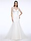 cheap Wedding Dresses-Wedding Dresses Court Train Mermaid / Trumpet Short Sleeve Illusion Neck Tulle With Beading Button 2023 Bridal Gowns