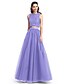 cheap Special Occasion Dresses-A-Line Two Piece Holiday Homecoming Cocktail Party Dress Jewel Neck Sleeveless Floor Length Lace Tulle with Pleats 2020