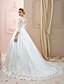 cheap Wedding Dresses-Ball Gown Wedding Dresses V Neck Court Train Lace Over Tulle 3/4 Length Sleeve Glamorous Plus Size Illusion Sleeve with Crystals Appliques 2022