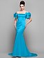 cheap Special Occasion Dresses-Mermaid / Trumpet Chinese Style Dress Formal Evening Court Train Short Sleeve Off Shoulder Satin with Pleats 2022