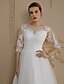 cheap Wedding Dresses-Wedding Dresses Ball Gown Bateau Neck 3/4 Length Sleeve Court Train Lace Over Tulle Bridal Gowns With Buttons Appliques 2024