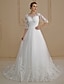 cheap Wedding Dresses-Wedding Dresses Ball Gown Bateau Neck 3/4 Length Sleeve Court Train Lace Over Tulle Bridal Gowns With Buttons Appliques 2024