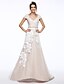 baratos Vestidos de Casamento-A-Line V Neck Sweep / Brush Train Tulle / Floral Lace Made-To-Measure Wedding Dresses with Sequin / Appliques / Button by LAN TING BRIDE® / Wedding Dress in Color