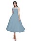 olcso Koktélruhák-A-Line Elegant Minimalist Cocktail Party Formal Evening Dress Illusion Neck Sleeveless Tea Length Tulle with Bow(s) 2020