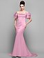 cheap Special Occasion Dresses-Mermaid / Trumpet Chinese Style Dress Formal Evening Court Train Short Sleeve Off Shoulder Satin with Pleats 2022