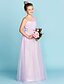 cheap Junior Bridesmaid Dresses-A-Line / Princess One Shoulder Floor Length Tulle Junior Bridesmaid Dress with Beading / Sash / Ribbon / Criss Cross / Wedding Party / Natural