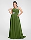 cheap Plus Size Bridesmaid Dresses-A-Line Cut Out Dress Prom Sweep / Brush Train Sleeveless One Shoulder Chiffon with Ruched Beading 2022 / Formal Evening / Open Back