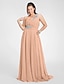 billige Plus size-kjoler-A-Line Elegant Dress Wedding Guest Prom Sweep / Brush Train Sleeveless One Shoulder Chiffon with Ruched Beading