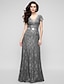 tanie Suknie wieczorowe-Elegancka sukienka o linii A, wakacyjna koktajlowa, długość do podłogi, z krótkim rękawem, dekoltem w kształcie litery V, cała z koronki z kryształową broszką 2023