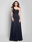 cheap Evening Dresses-A-Line Floral Prom Formal Evening Military Ball Dress One Shoulder Sleeveless Floor Length Chiffon with Criss Cross Ruched Draping 2020