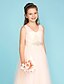 cheap Junior Bridesmaid Dresses-Princess / A-Line V Neck Floor Length Tulle Junior Bridesmaid Dress with Criss Cross / Crystals / Wedding Party
