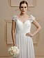 cheap Wedding Dresses-Beach Wedding Dresses A-Line V Neck Cap Sleeve Sweep / Brush Train Chiffon Bridal Gowns With Beading Flower 2023