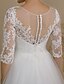 cheap Wedding Dresses-Wedding Dresses Ball Gown Bateau Neck 3/4 Length Sleeve Court Train Lace Over Tulle Bridal Gowns With Buttons Appliques 2024