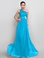 cheap Evening Dresses-A-Line Open Back Prom Formal Evening Dress One Shoulder Sleeveless Floor Length Chiffon with Appliques Side Draping 2021