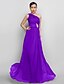 cheap Evening Dresses-A-Line Open Back Prom Formal Evening Dress One Shoulder Sleeveless Floor Length Chiffon with Appliques Side Draping 2021