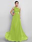 cheap Evening Dresses-A-Line Open Back Prom Formal Evening Dress One Shoulder Sleeveless Floor Length Chiffon with Appliques Side Draping 2021