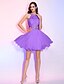 cheap Cocktail Dresses-A-Line Cute Holiday Homecoming Cocktail Party Dress Illusion Neck Sleeveless Short / Mini Chiffon with Ruched Crystals Beading 2021