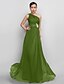 cheap Evening Dresses-A-Line Open Back Prom Formal Evening Dress One Shoulder Sleeveless Floor Length Chiffon with Appliques Side Draping 2021