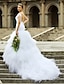 cheap Wedding Dresses-Mermaid / Trumpet Wedding Dresses V Neck Chapel Train Tulle All Over Lace Cap Sleeve Glamorous Backless with Lace Beading Tiered 2021