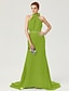 cheap Evening Dresses-Sheath / Column Elegant Dress Holiday Cocktail Party Court Train Sleeveless High Neck Chiffon with Sash / Ribbon Bow(s) Pleats 2024