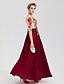 cheap Evening Dresses-A-Line Color Block Prom Formal Evening Dress Boat Neck Floor Length Stretch Yarn Lace Tulle with Appliques  / Illusion Sleeve