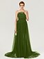 cheap Evening Dresses-A-Line Beautiful Back Furcal Holiday Cocktail Party Formal Evening Dress Illusion Neck Sleeveless Court Train Tulle with Sash / Ribbon Buttons Pleats