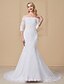 cheap Wedding Dresses-Mermaid / Trumpet Wedding Dresses Off Shoulder Court Train Lace Sequined 3/4 Length Sleeve Romantic Plus Size Illusion Sleeve with Beading Appliques 2022