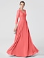 cheap Evening Dresses-A-Line Elegant Dress Holiday Cocktail Party Floor Length 3/4 Length Sleeve V Neck Chiffon with Sash / Ribbon Beading 2023