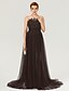 cheap Evening Dresses-A-Line Beautiful Back Furcal Holiday Cocktail Party Formal Evening Dress Illusion Neck Sleeveless Court Train Tulle with Sash / Ribbon Buttons Pleats