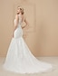 cheap Wedding Dresses-Hall Wedding Dresses Mermaid / Trumpet Illusion Neck Sleeveless Court Train Lace Over Tulle Bridal Gowns With Beading Appliques 2023