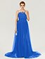 cheap Evening Dresses-A-Line Beautiful Back Furcal Holiday Cocktail Party Formal Evening Dress Illusion Neck Sleeveless Court Train Tulle with Sash / Ribbon Buttons Pleats