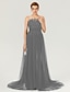 cheap Evening Dresses-A-Line Beautiful Back Furcal Holiday Cocktail Party Formal Evening Dress Illusion Neck Sleeveless Court Train Tulle with Sash / Ribbon Buttons Pleats