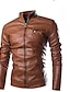 cheap Faux Leather-Men&#039;s Jacket Faux Leather Jacket Daily Wear Weekend Thermal Warm Rain Waterproof Fall Solid Colored Round Neck Regular Cotton Slim Black Brown Jacket