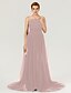 cheap Evening Dresses-A-Line Beautiful Back Furcal Holiday Cocktail Party Formal Evening Dress Illusion Neck Sleeveless Court Train Tulle with Sash / Ribbon Buttons Pleats