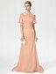 cheap Mother of the Bride Dresses-Sheath / Column Mother of the Bride Dress Elegant Off Shoulder Sweep / Brush Train Chiffon Lace Short Sleeve No with Pleats 2023