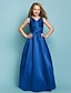 baratos Vestidos para Damas de Honra Junior-Princesa Longo Decote V Cetim Verão Vestidos e vestidos de dama de honra júnior Com Faixa / Fita Azul Vestido infantil para convidados de casamento de 4 a 16 anos