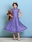 cheap Junior Bridesmaid Dresses-Princess / A-Line Jewel Neck Tea Length Lace Junior Bridesmaid Dress with Pleats / Natural