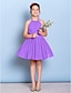 זול שמלות שושבינה צעירה-גזרת A עם תכשיטים באורך  הברך שיפון שמלה לשושבינות הצעירות  עם חרוזים / תד נשפך / סרט על ידי LAN TING BRIDE® / טבעי
