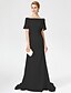 cheap Mother of the Bride Dresses-Sheath / Column Mother of the Bride Dress Elegant Off Shoulder Sweep / Brush Train Chiffon Lace Short Sleeve No with Pleats 2023