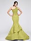 cheap Special Occasion Dresses-Mermaid / Trumpet Dress Formal Evening Chapel Train Sleeveless One Shoulder Satin with Appliques