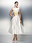 cheap Cocktail Dresses-A-Line Cocktail Dresses Elegant Dress Wedding Guest Prom Tea Length Sleeveless Jewel Neck Satin V Back with Pleats Appliques 2024